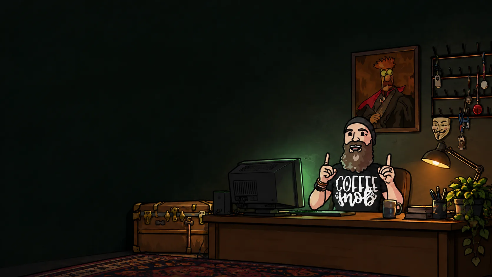 Alex in his illustrated office after hours, with computers, coffee, conference badges, and a portrait of Beaker