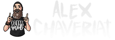 Logo of a cartoon of Alex Chaveriat and his name printed in a lighter gray text