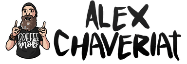 Logo of a cartoon of Alex Chaveriat and his name printed in a black text