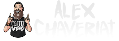 Logo of a cartoon of Alex Chaveriat and his name printed in a lighter gray text