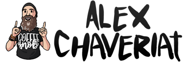 Logo of a cartoon of Alex Chaveriat and his name printed in a black text