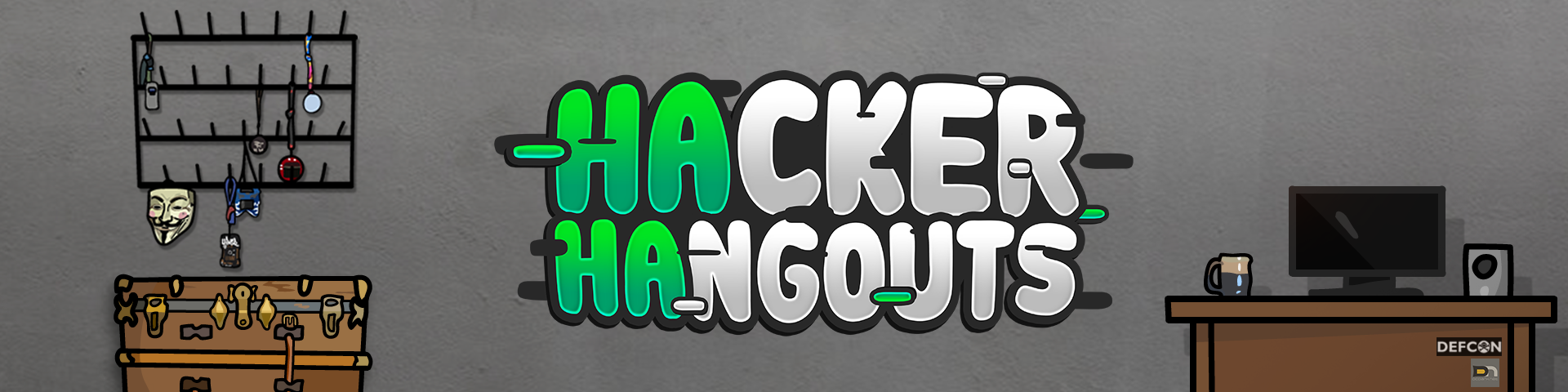 Hacker Hangouts banner showing Alex Chaveriat's Desk, Trunk, and Badge display in a cartoon like style with the Hacker Hangouts Logo in the middle
