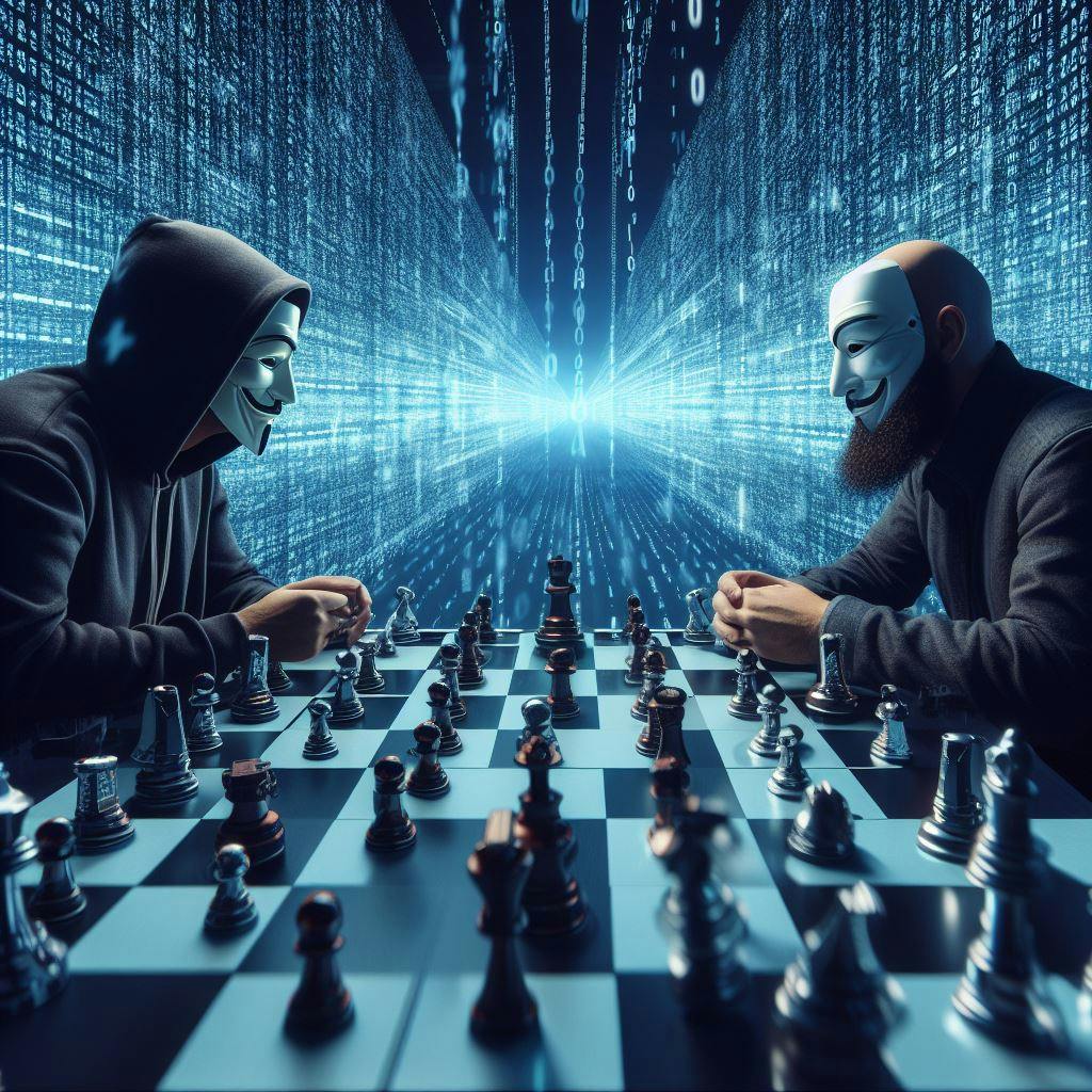 Artistic representation of an infinite digital battlefield with two hacker figures are engaged in a strategic game, reminiscent of chess.
