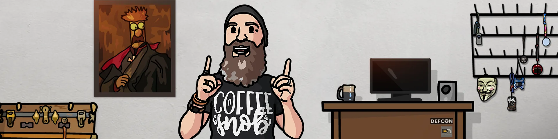 Illustration of Alex in his office surrounded by computers, DEF CON artifacts, coffee, and a portrait of Beaker